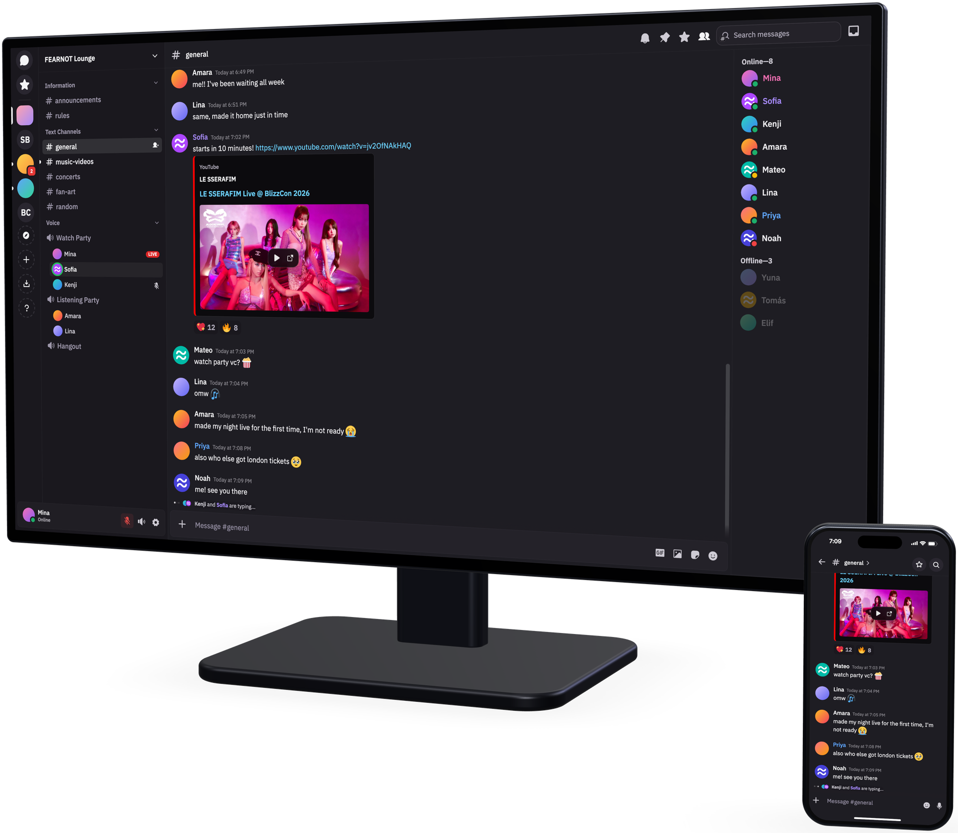 Fluxer running side by side on a desktop monitor and a phone